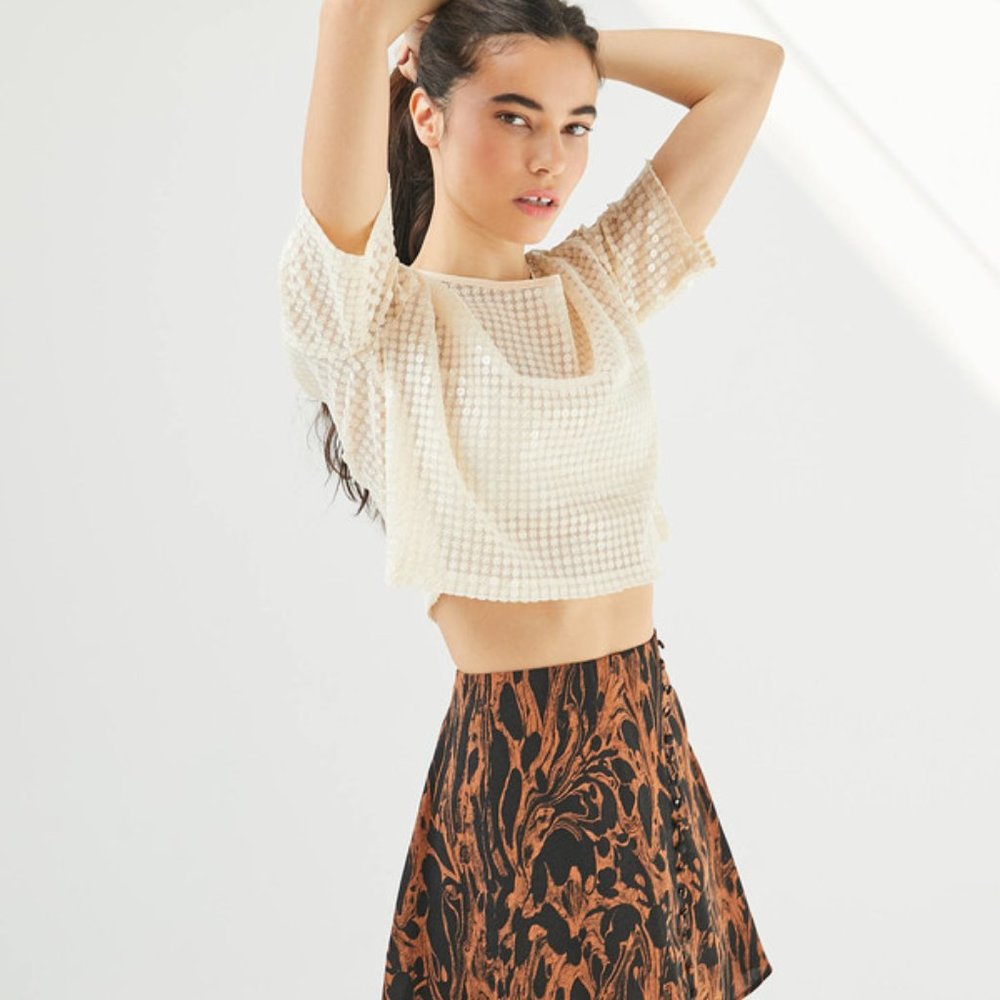 Cream Sequin Cropped Oversized Short Sleeve Top L NWT Urban Outfitters